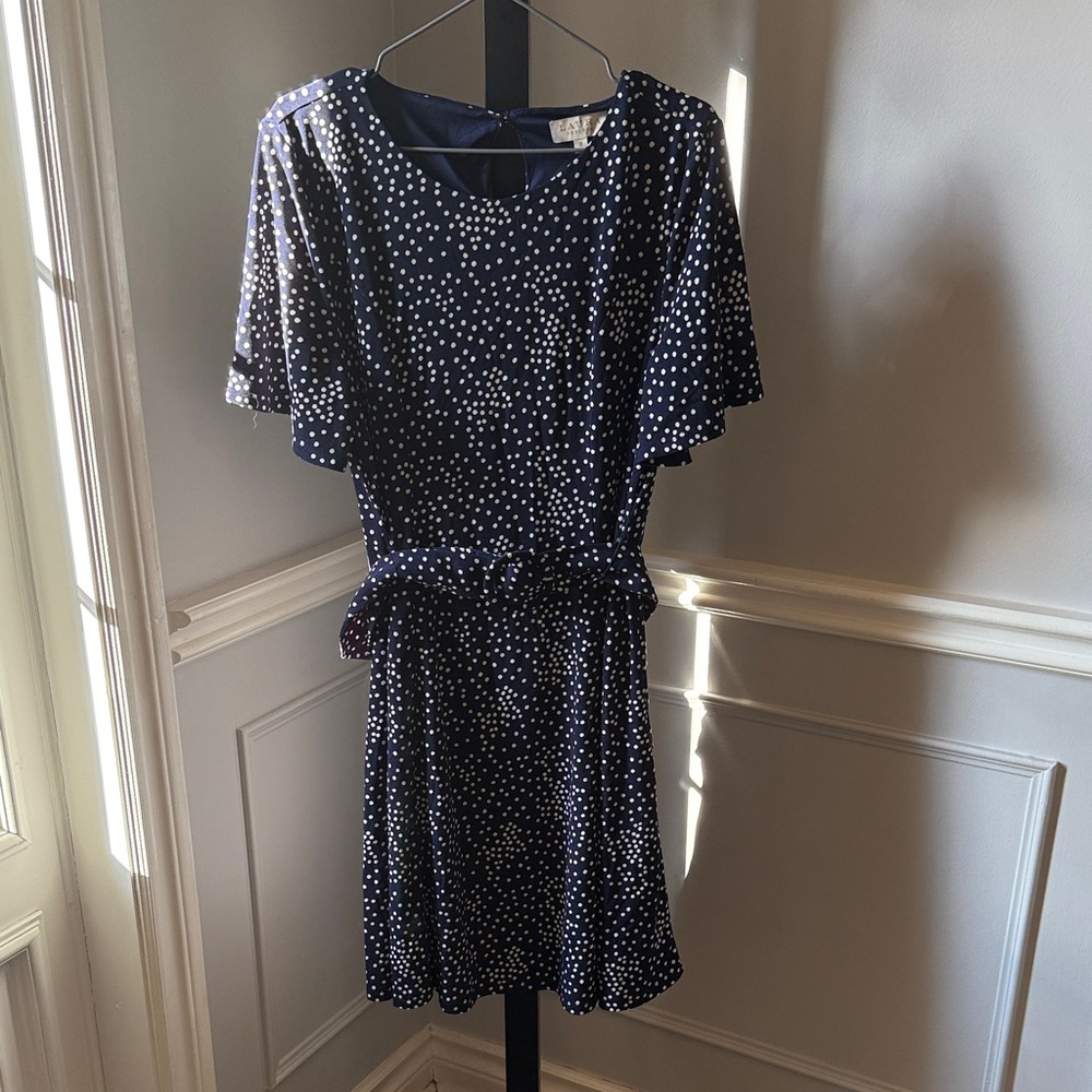 Laura Petites Navy Belted Polka Dot Dress Size 10